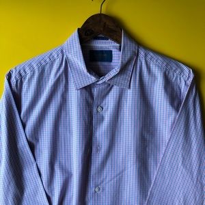 Mens - Long sleeves button down shirt. Pink and blue. Size L. Work shirt